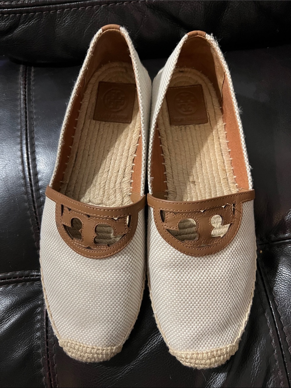 Tory Burch Cream Canvas Espadrilles with Brown Leather Logo Trim